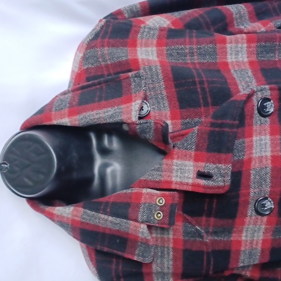 WOOLRICH Raeburn Red Plaid Wool Peacoat Size L, Zip Sleeves, 24" PTP, 26"L,EUC - Picture 3 of 9
